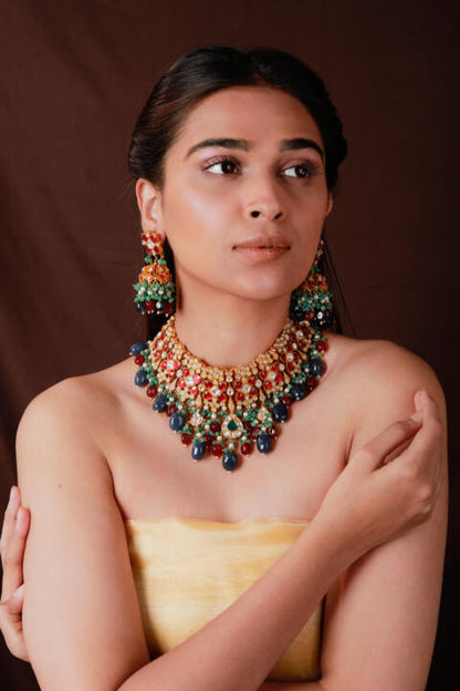 Pink stone necklace set with blue beads and jhumki