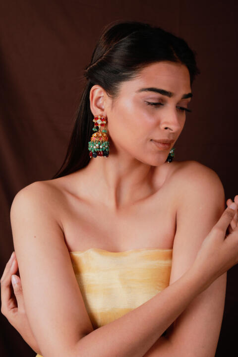 Pink stone necklace set with blue beads and jhumki