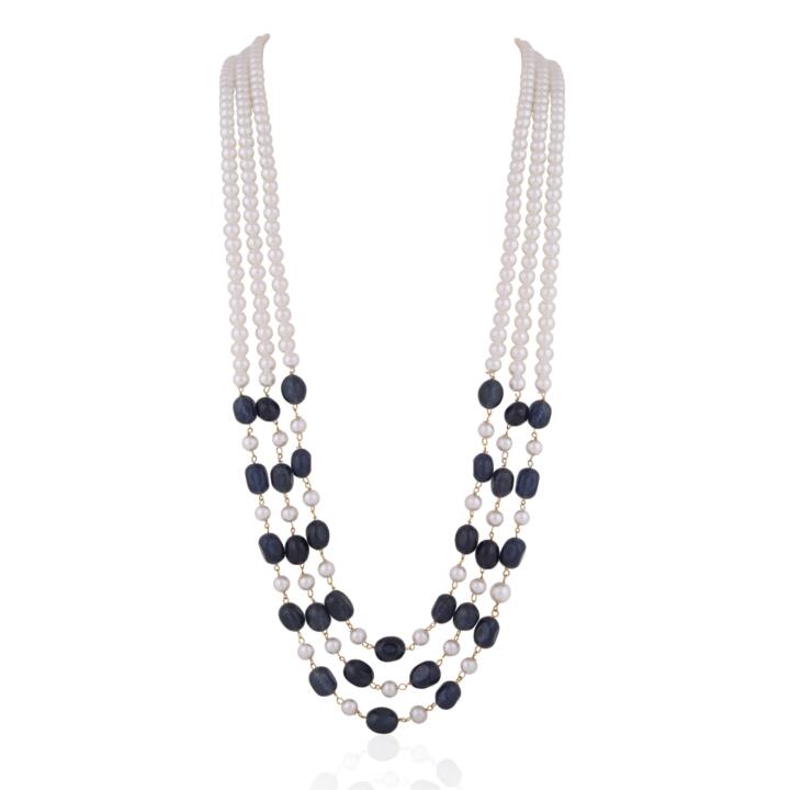 Blue and white 3 layered sapphire gemstone Beaded Necklace Maala