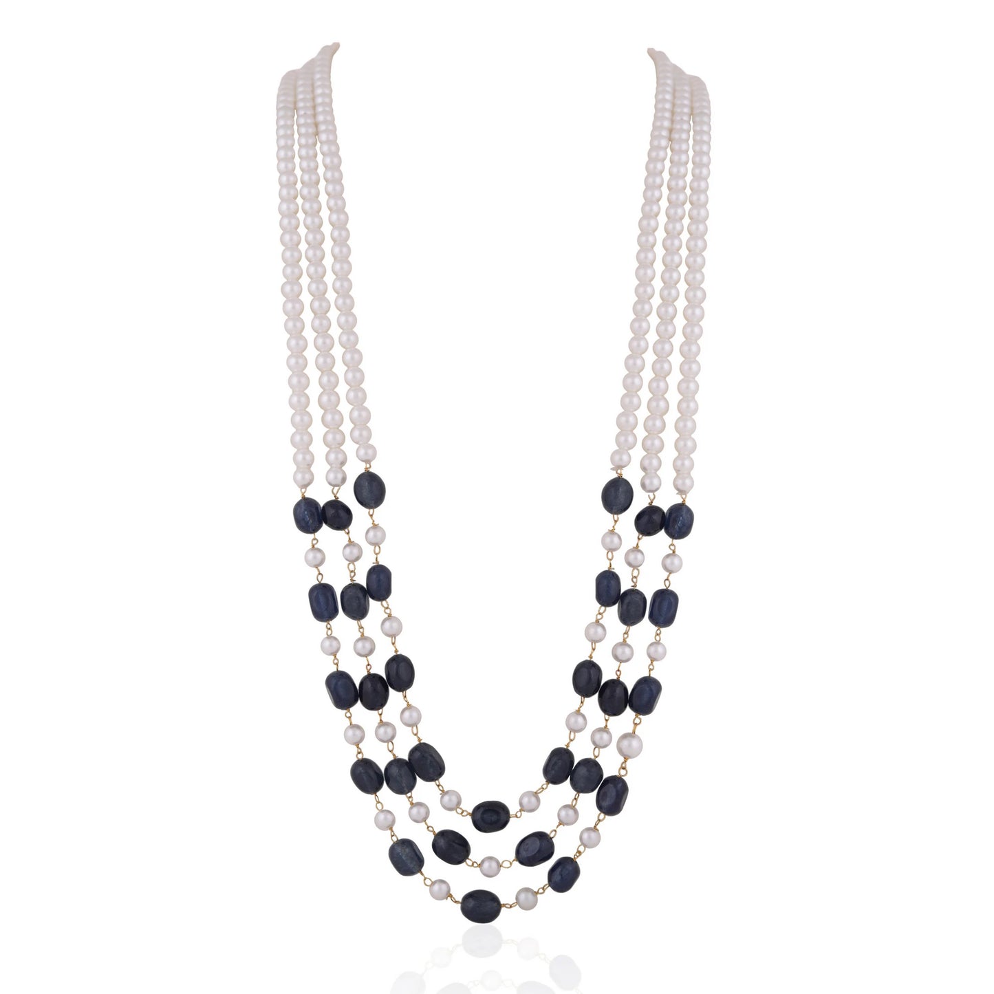 Blue and white 3 layered sapphire gemstone Beaded Necklace Maala