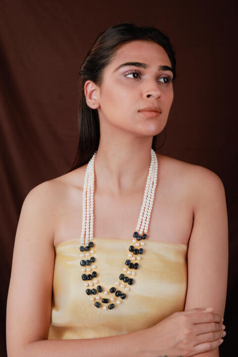 Blue and white 3 layered sapphire gemstone Beaded Necklace Maala