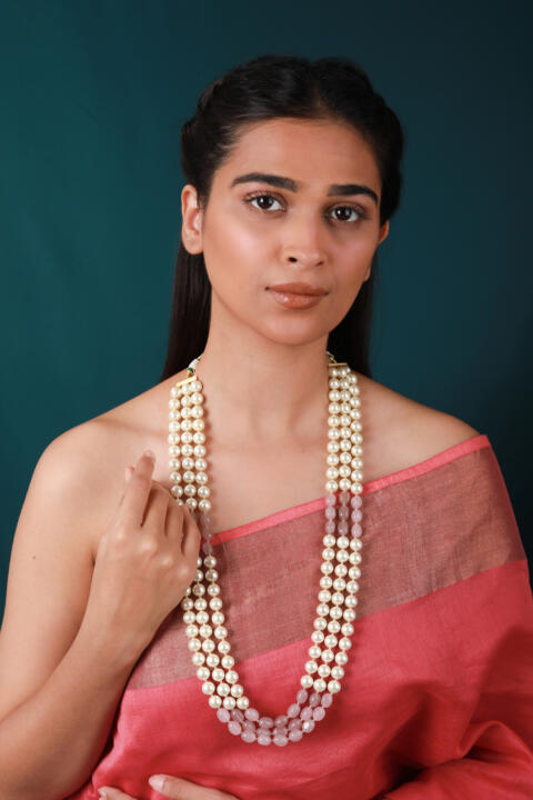 Gold plated pink beaded pearl necklace maala gift for women