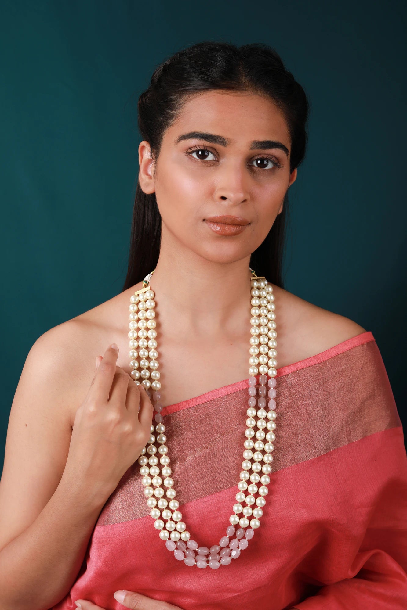 Gold plated pink beaded pearl necklace maala gift for women