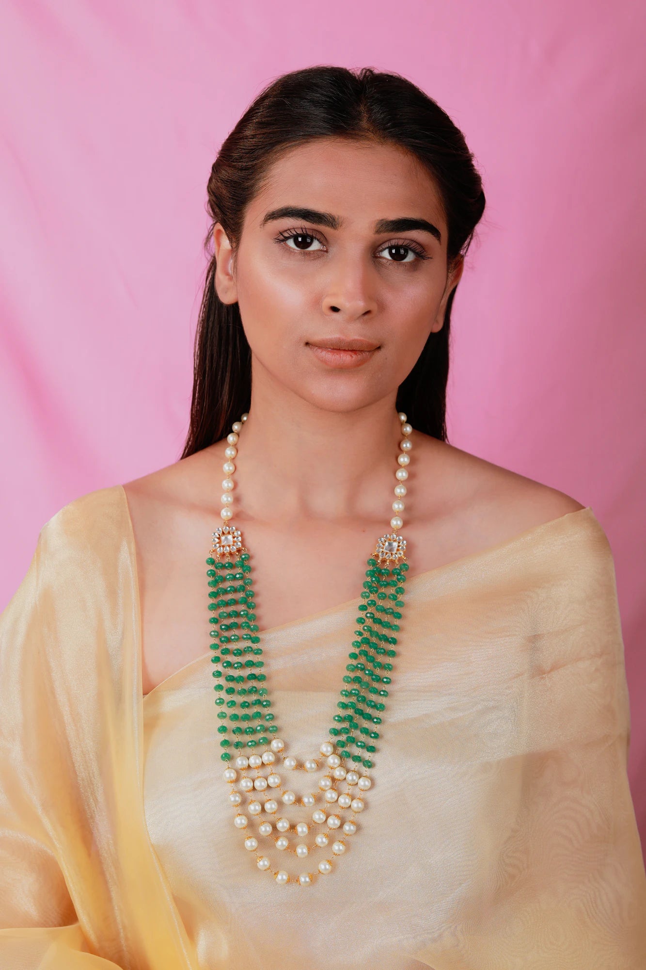22kt gold plated golden white sea green pearl maala