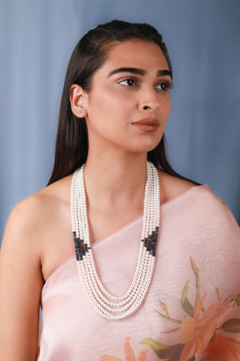 White pearl Blue Beaded Traditional wear maala for Women