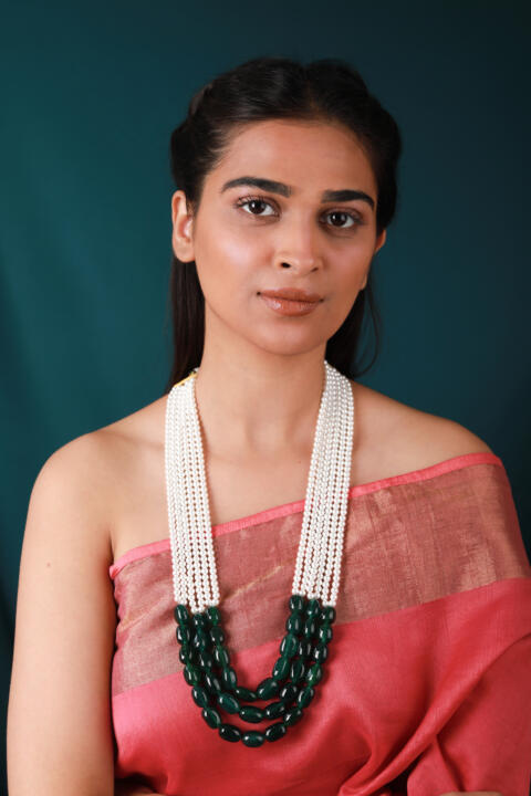 Emerald Green Beaded Necklace with pearl Maala Necklace