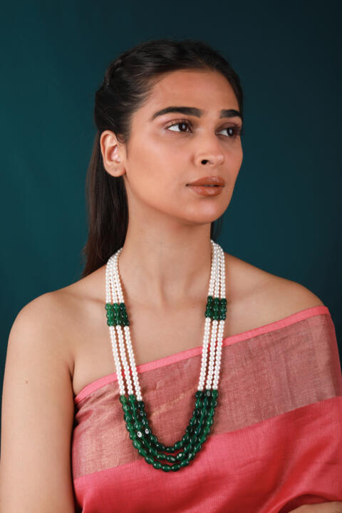 Emerald Green Beaded Maala three layered pearl Necklace