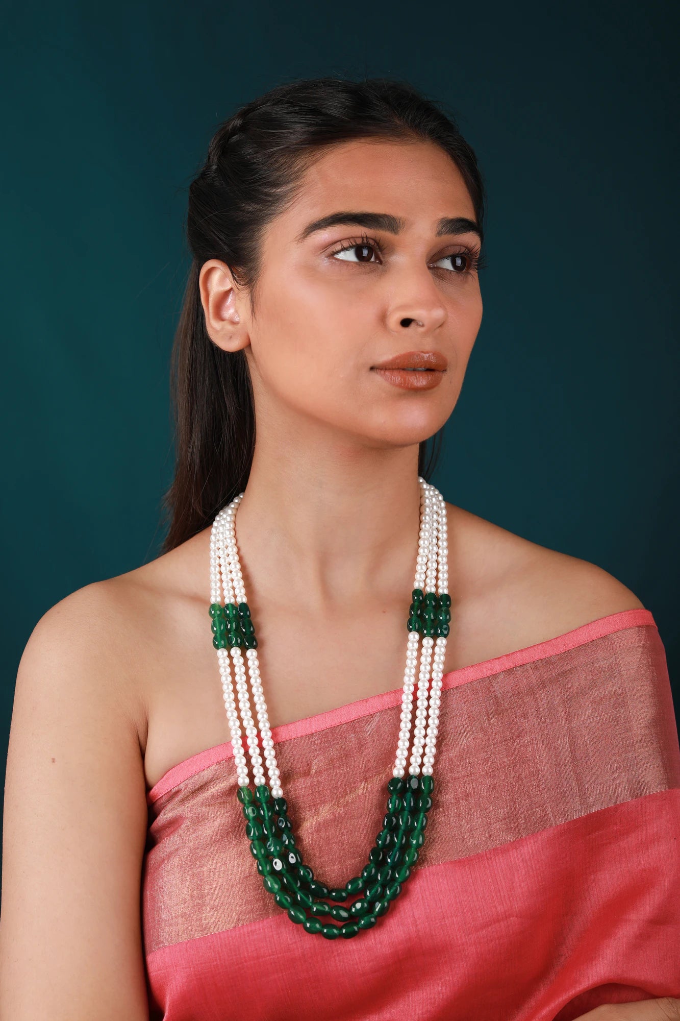 Emerald Green Beaded Maala three layered pearl Necklace