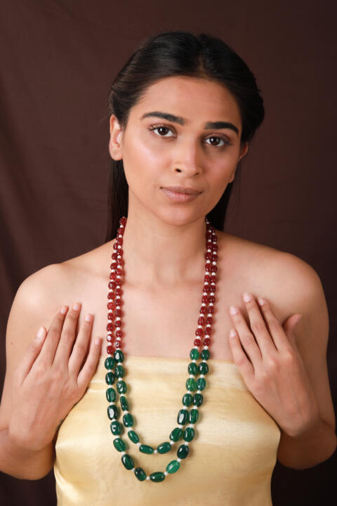 Ruby tumble beads with green emerald beads Necklace Maala for girl and women
