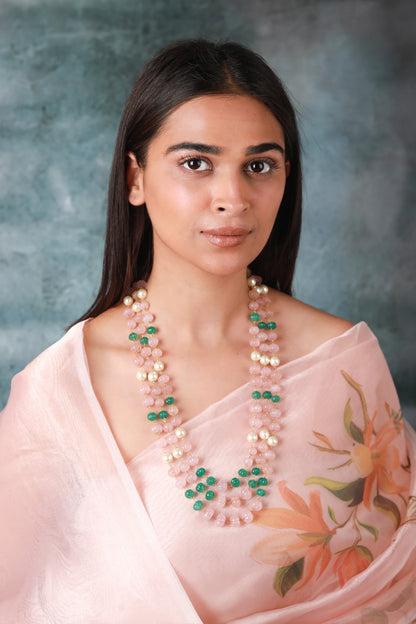 Beautiful Vintage Rose quartz & Jade Beaded Necklace Maala for Women