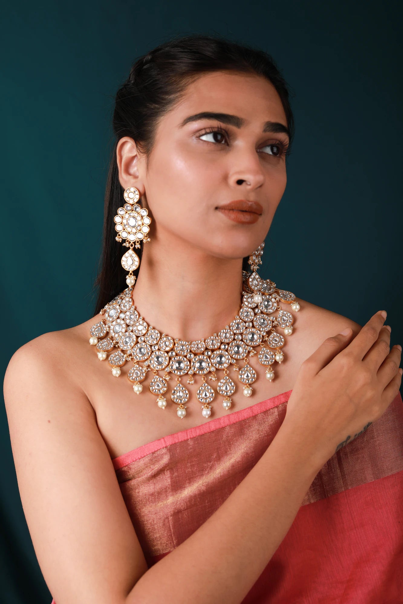 Riana-Heavy bridal set with jadtar stones and pearl/indian jewelery/wedding jewelery