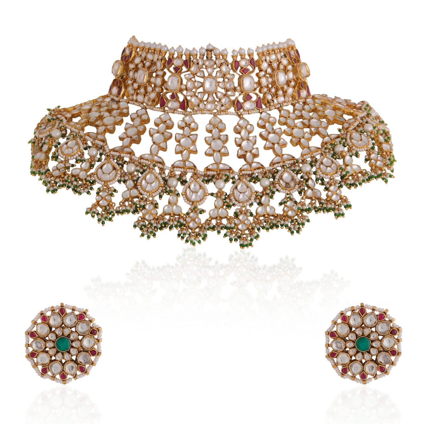 22 kt gold plated pink green heavy bridal necklace set  With studs