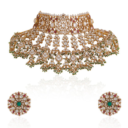22 kt gold plated pink green heavy bridal necklace set  With studs