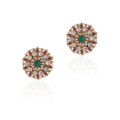22 kt gold plated pink green heavy bridal necklace set  With studs