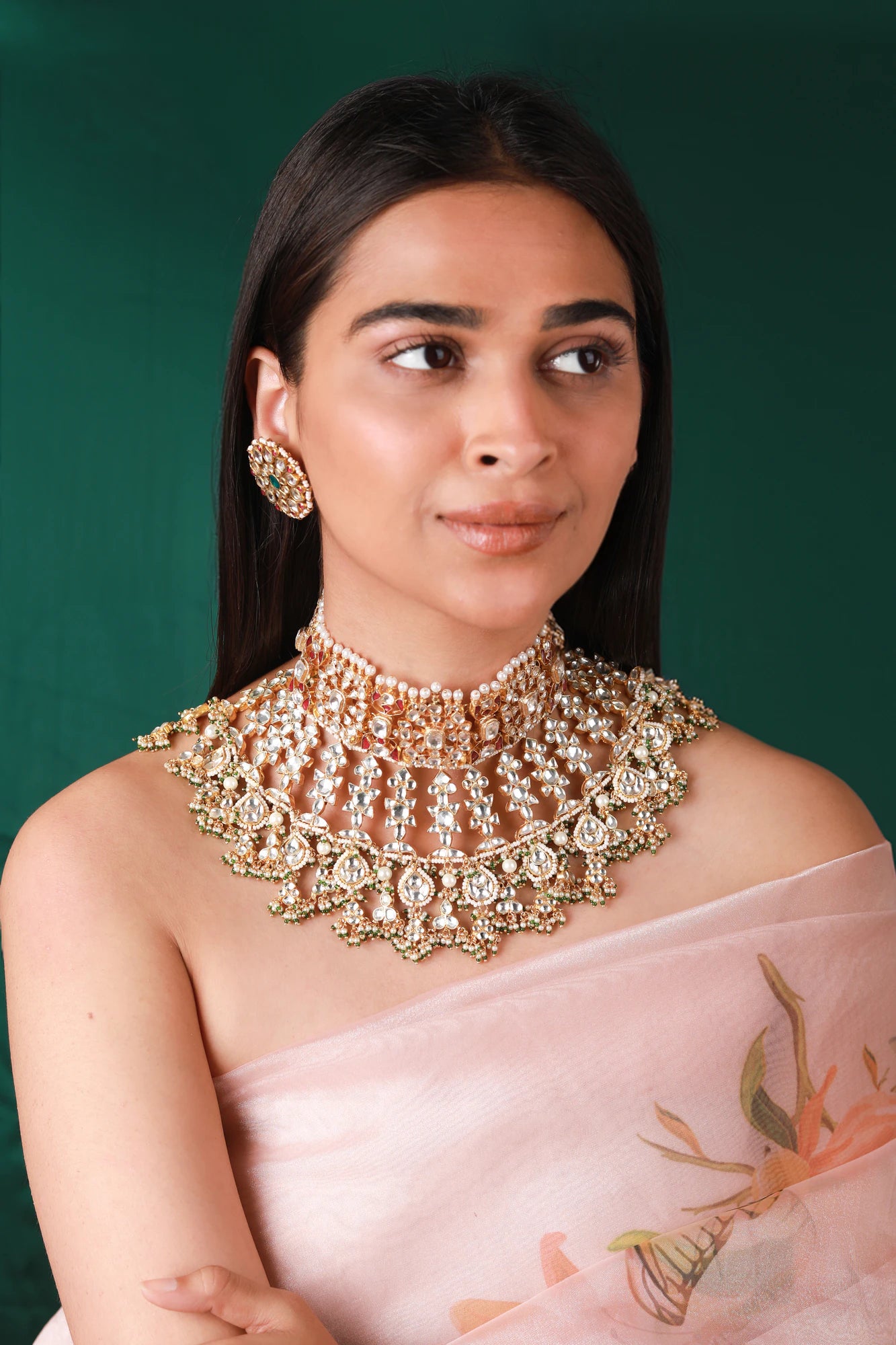 22 kt gold plated pink green heavy bridal necklace set  With studs