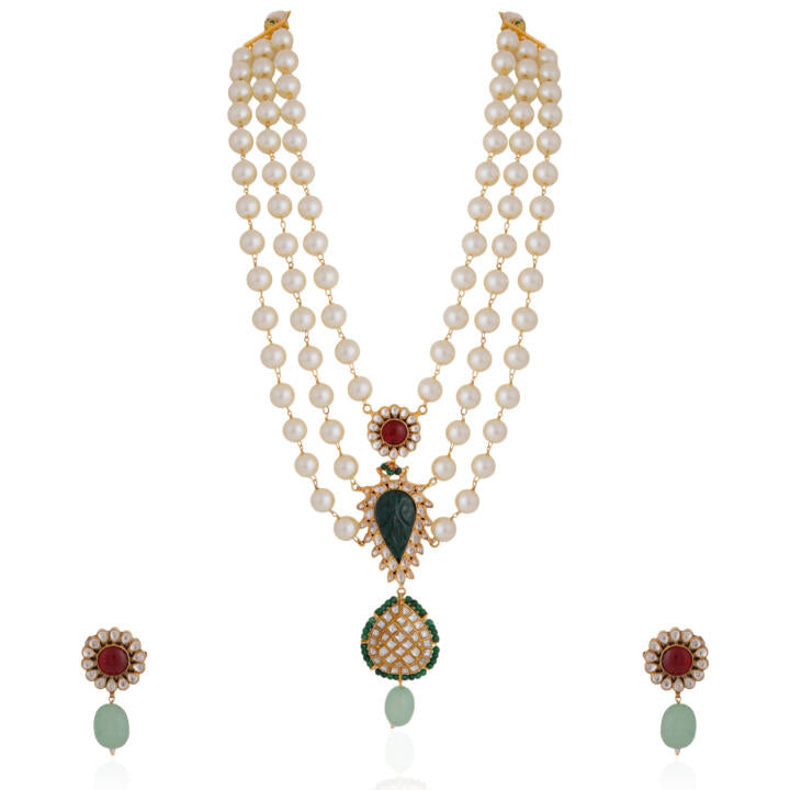 Gold plated white pearl necklace set with pink studs