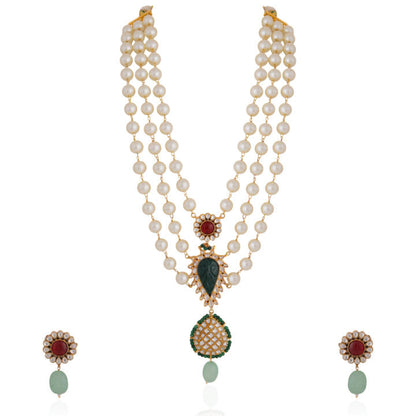 Gold plated white pearl necklace set with pink studs