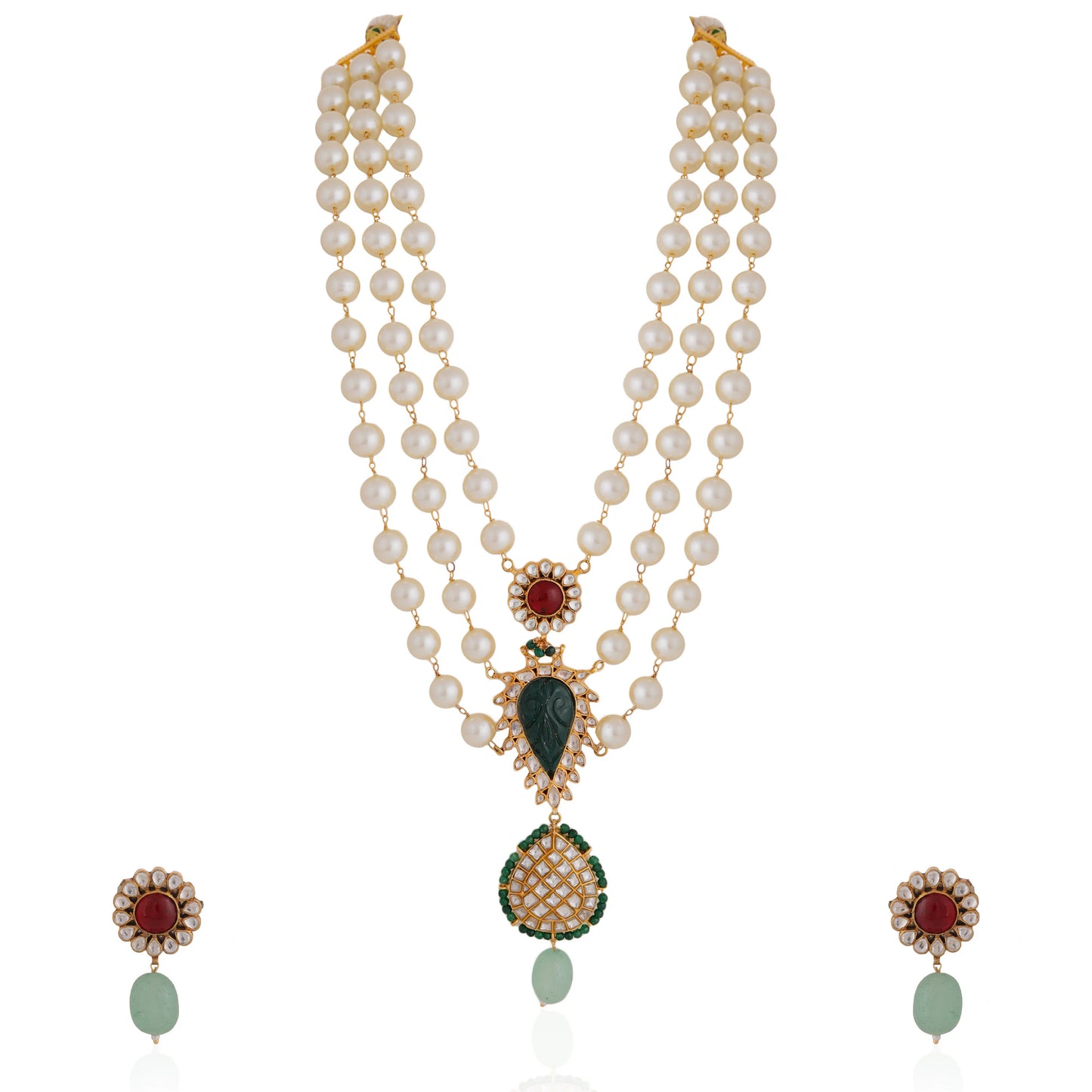 Gold plated white pearl necklace set with pink studs