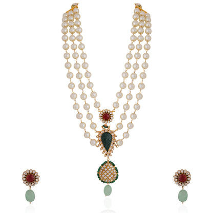 Gold plated white pearl necklace set with pink studs