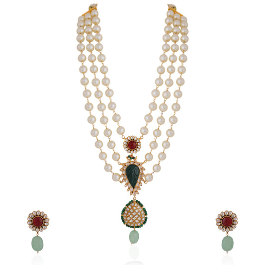 Gold plated white pearl necklace set with pink studs