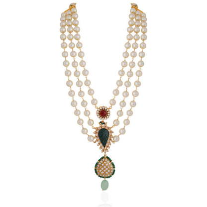Royal pearl necklace maala with handcrafted emerald green motive