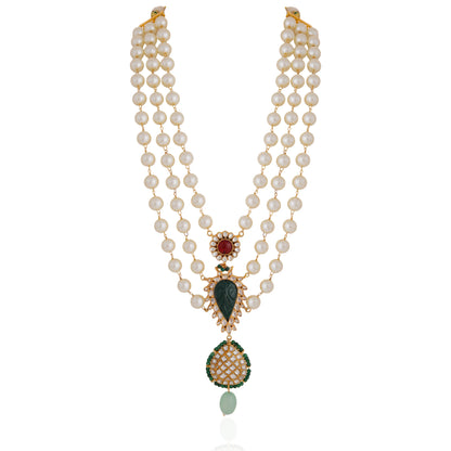 Gold plated white pearl necklace set with pink studs