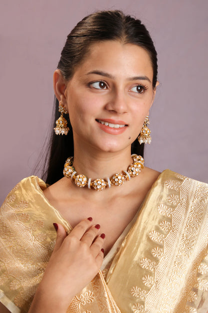 Reversible choker Necklace set in the combination of white mozanite stones and emeralds with cute jhumki earings