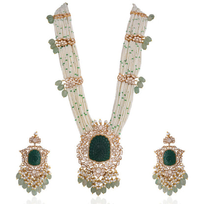 Green Peacock Embelished jadau Long Necklace set with handcrafted emerald stone work