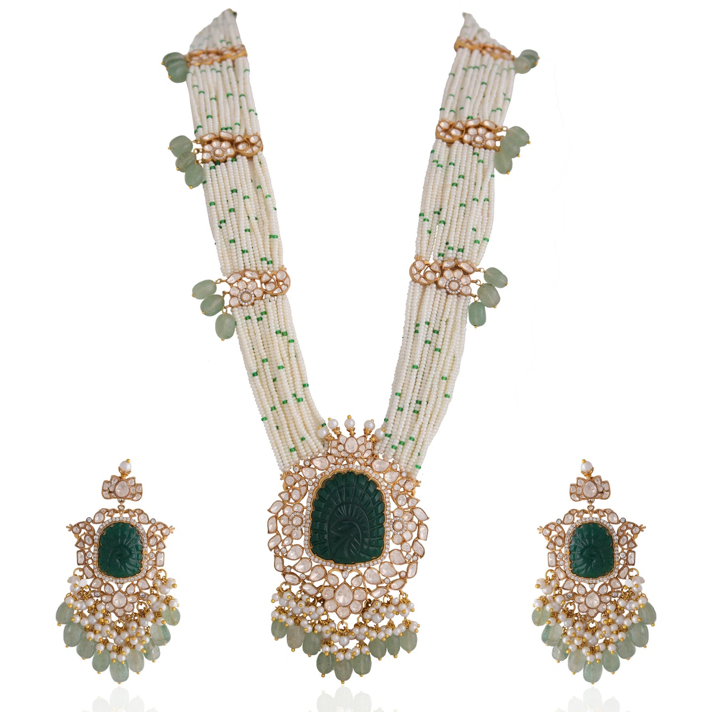 traditional jadau maala with uniquely carved emerald stone in mozanite stones and pearl strings