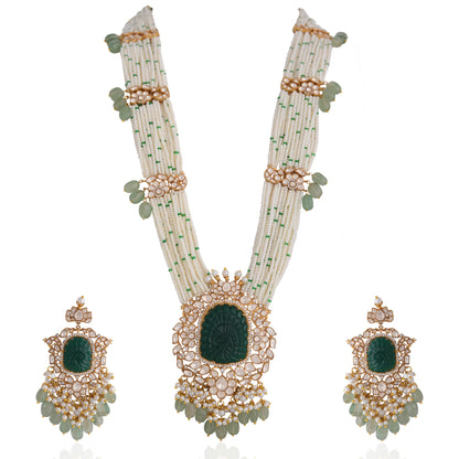 traditional jadau maala with uniquely carved emerald stone in mozanite stones and pearl strings
