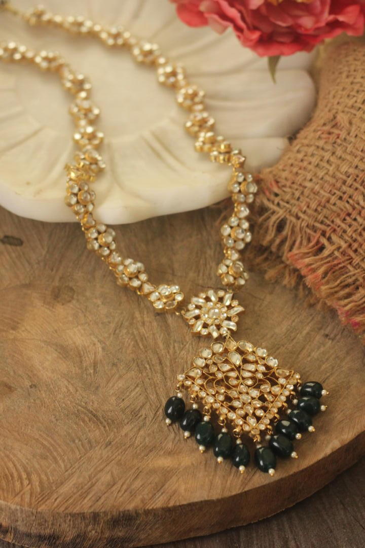 Long jadau vintage Groom Necklace with Pendant design in semi precious emerald beads