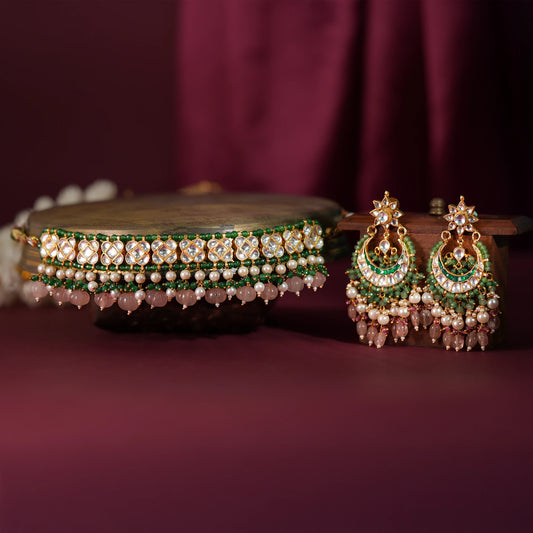 Riana  light green and pink gold plated choker set for women