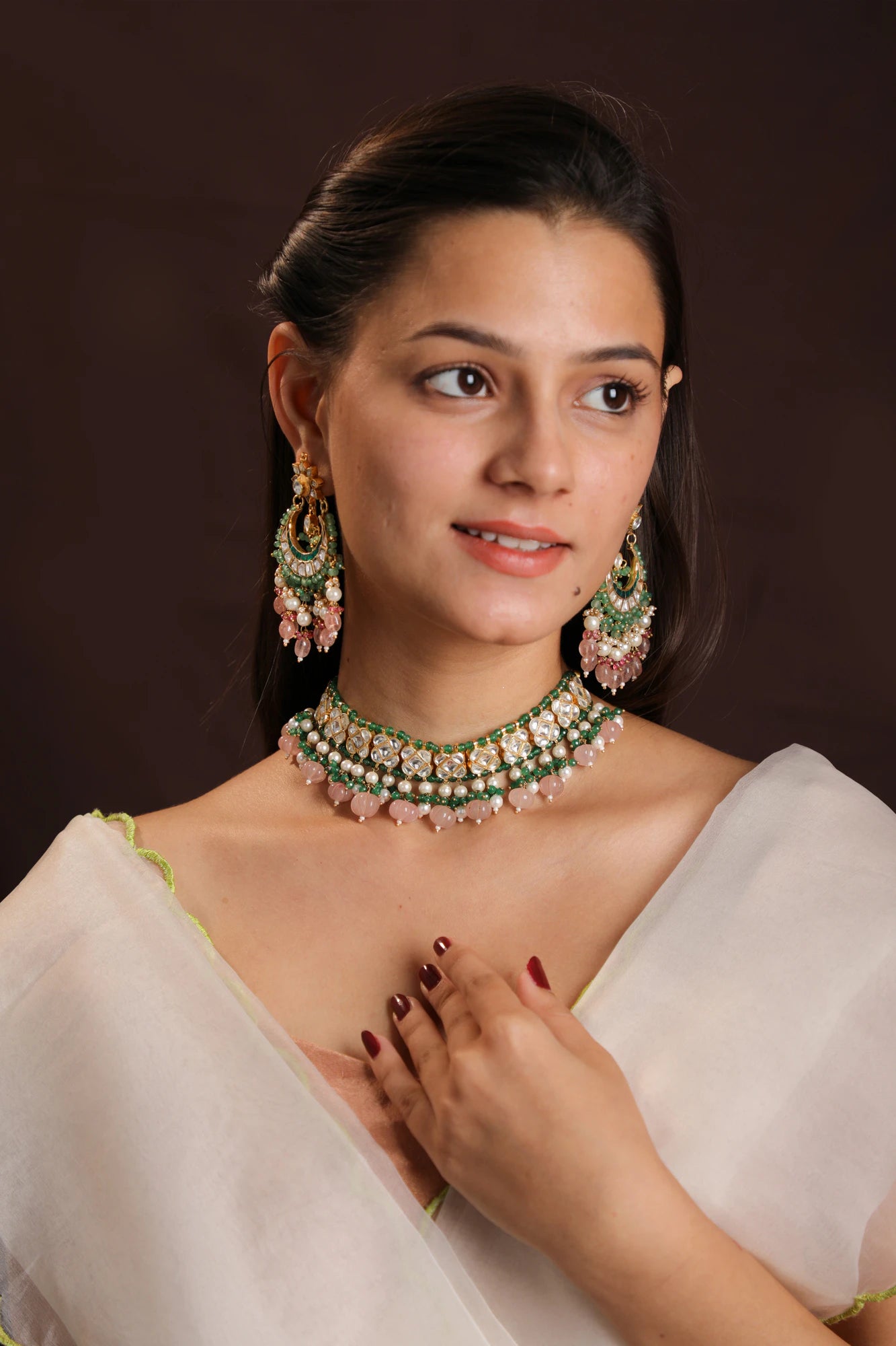 Riana  light green and pink gold plated choker set for women