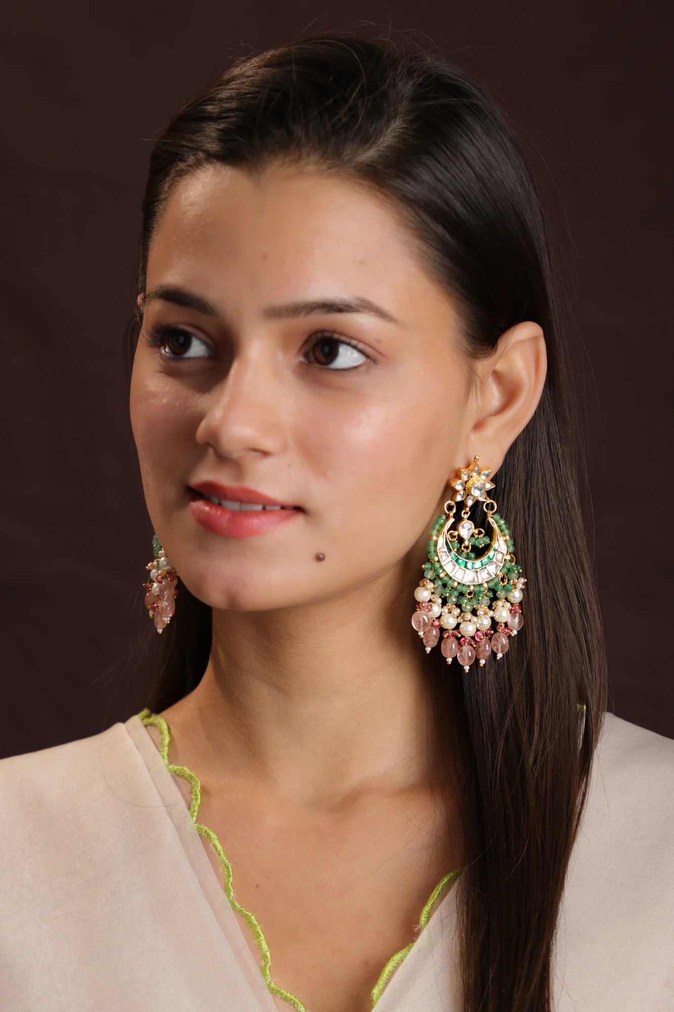 Riana  light green and pink gold plated choker set for women