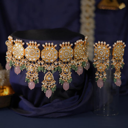 indian traditional wear light pink and sea green beaded jadtar Necklace set