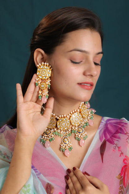 indian traditional wear light pink and sea green beaded jadtar Necklace set