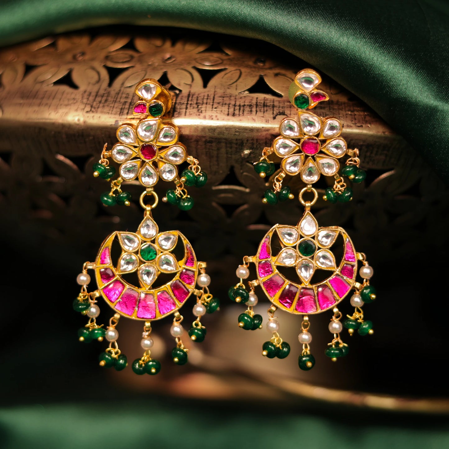 22kt gold plated pink green wedding wear necklace set