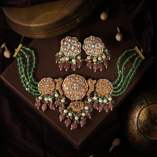 Designer gorgeous pink green choker set