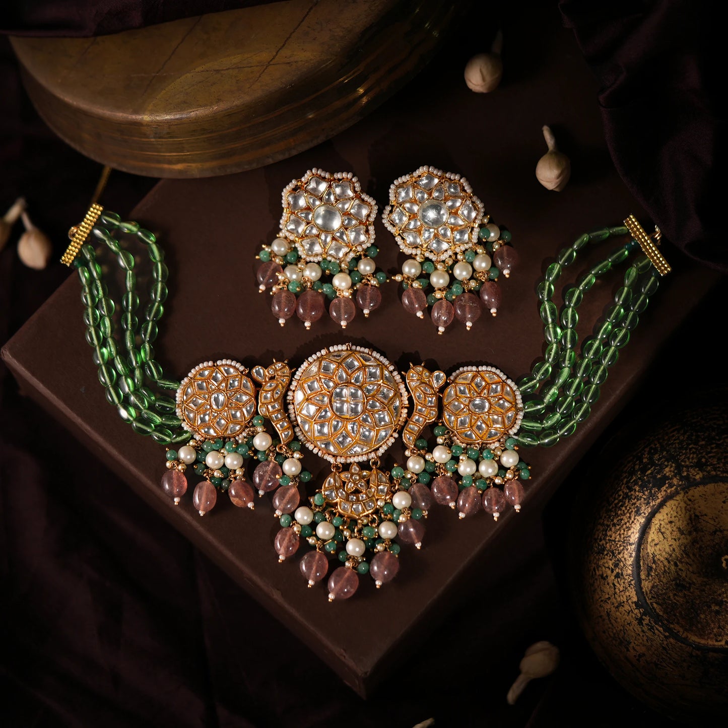 Designer gorgeous pink green choker set
