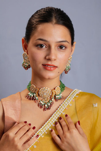 Designer gorgeous pink green choker set
