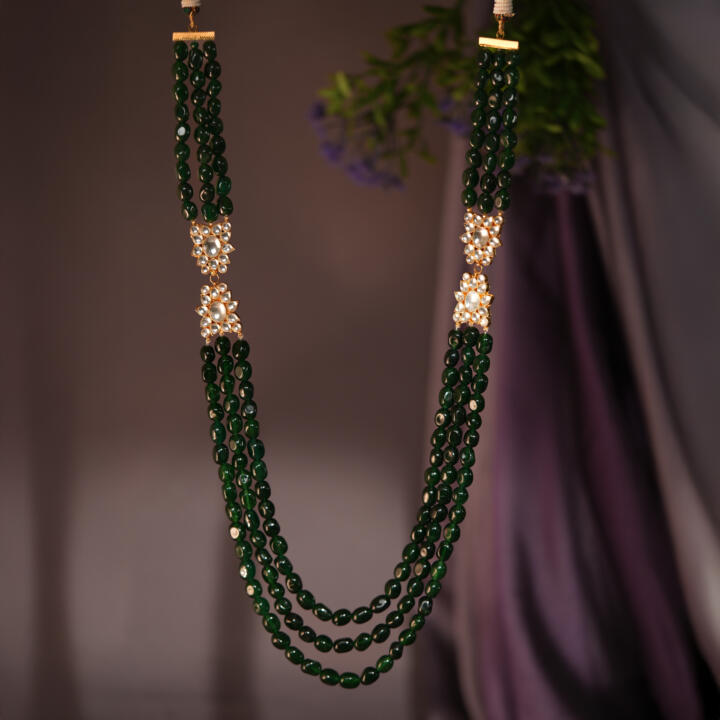 luxury wedding groom necklace with premium quality emerald beads and jadau stones in exquisite handcrafted design