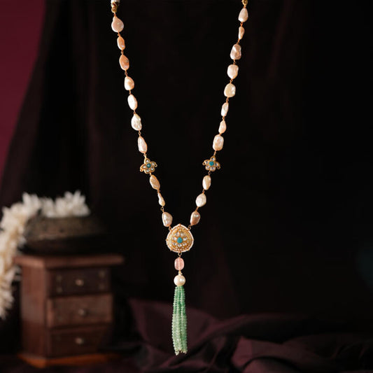 riana rice pearl with sea green beaded long necklace(only)