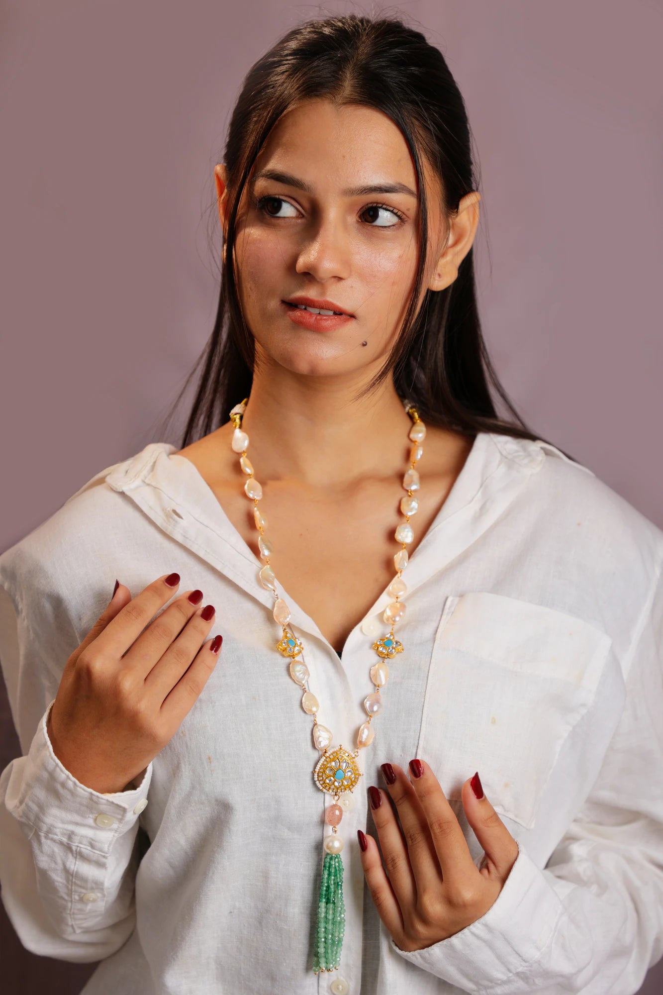 riana rice pearl with sea green beaded long necklace(only)