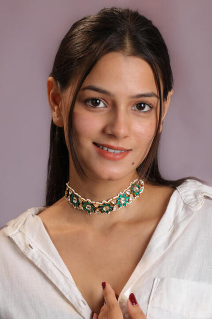green white floral jadtar choker