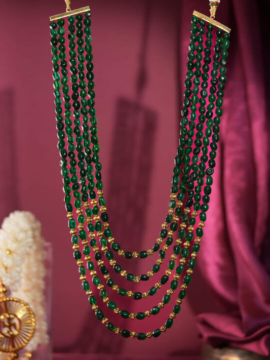 green long maala with golden beaded for