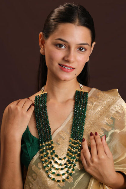 green long maala with golden beaded for women
