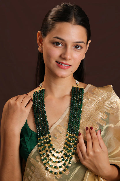 green long maala with golden beaded for women