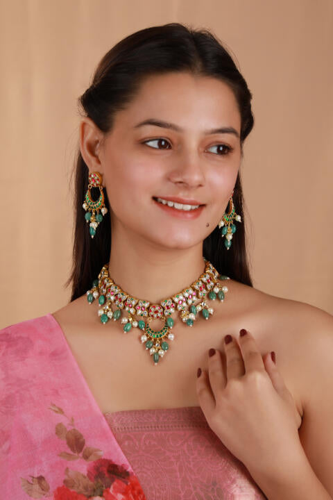 pink and green choker set with pearl