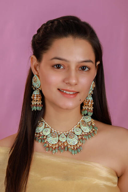 Gold plated meenakari choker set with jhumka