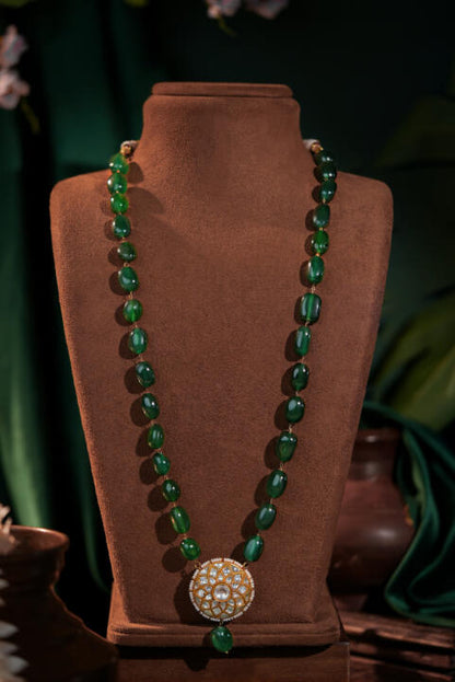 Emerald green beaded Long maala with round stone pendant